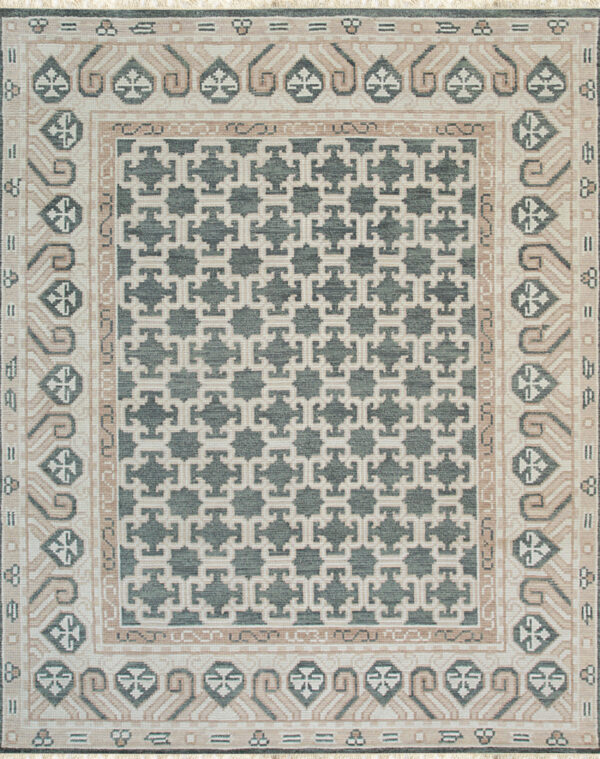Teal and cream geometric rug with a repeating trellis motif and decorative tan border details.