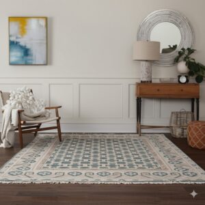 A beige and teal geometric rug rests on dark wood floors in a room with wainscoting and modern furniture.