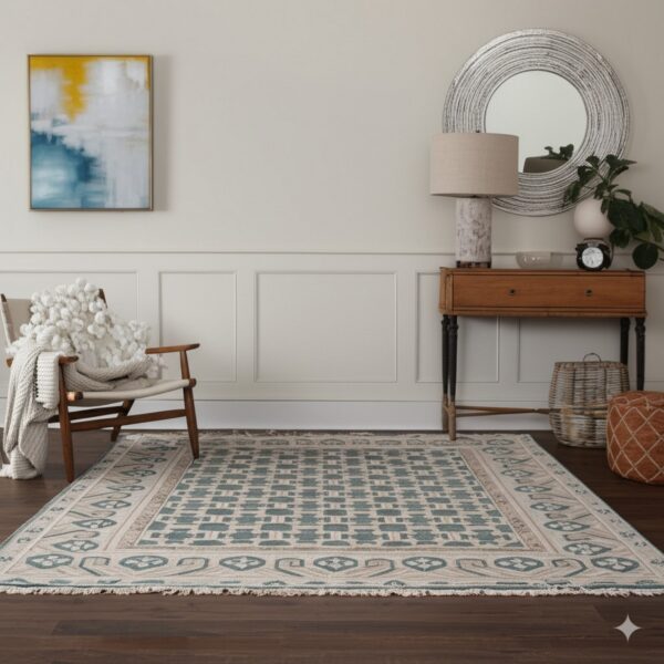 A beige and teal geometric rug rests on dark wood floors in a room with wainscoting and modern furniture.