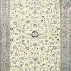 Traditional cream rug featuring detailed blue and peach floral motifs and a wide blue border.