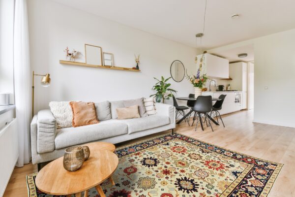 An ivory rug featuring red and navy tribal designs sits beneath a light gray couch and wood tables.