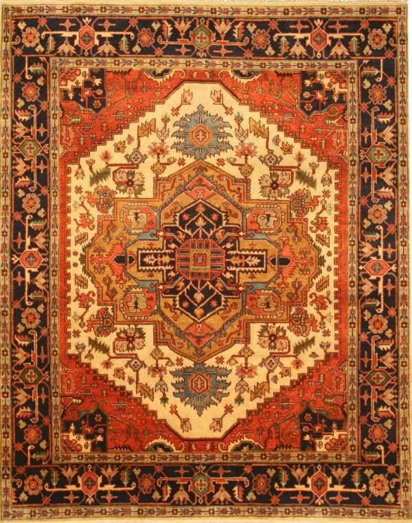 Square rug with a traditional medallion pattern in navy, rust, gold, teal, and cream colors.