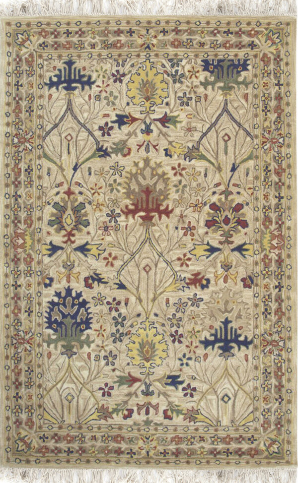Beige field rug with an elaborate multicolored traditional floral and foliate design and white fringe.