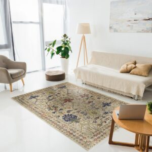 Floral patterned rug in beige, blue, and red lies on white floors between a sofa and armchair.