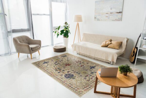 Floral patterned rug in beige, blue, and red lies on white floors between a sofa and armchair.