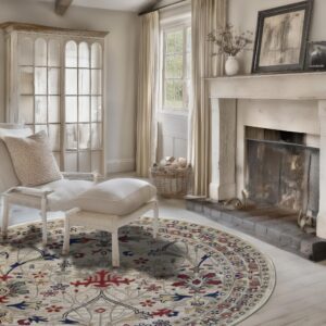Traditional round rug in beige, red, and blue flowers on whitewashed wood flooring near a fireplace.