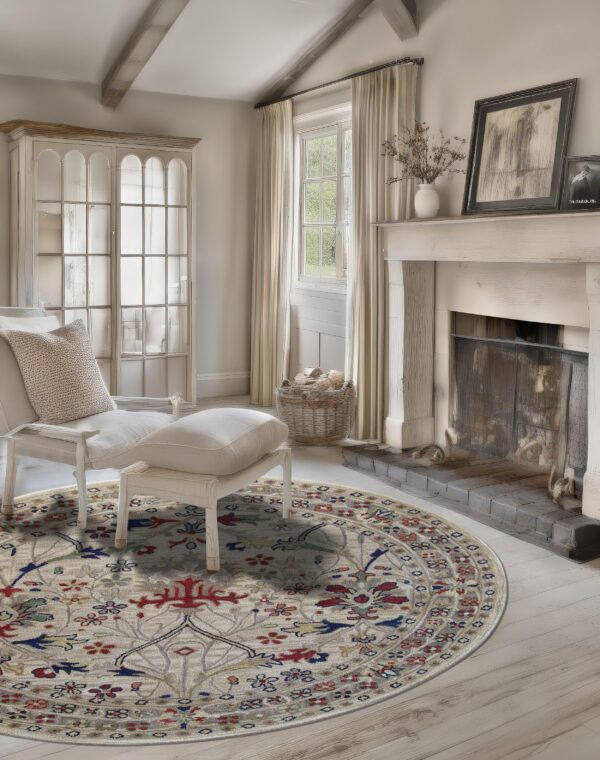 Traditional round rug in beige, red, and blue flowers on whitewashed wood flooring near a fireplace.