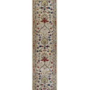 Long runner rug with a traditional multi-colored floral pattern on a light beige background.