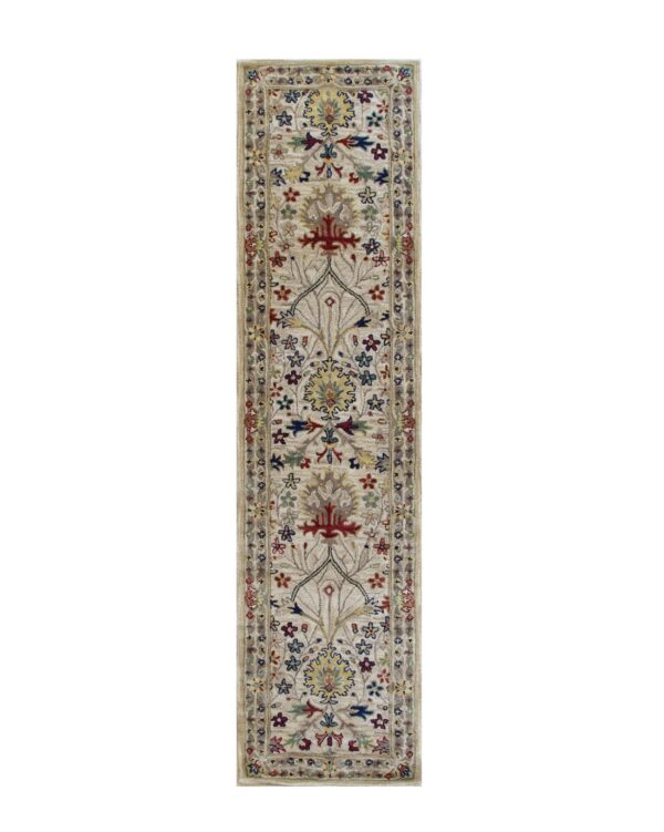 Long runner rug with a traditional multi-colored floral pattern on a light beige background.