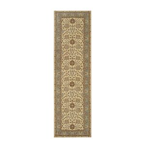 Beige runner rug with detailed traditional brown and dusty blue floral border and central pattern.