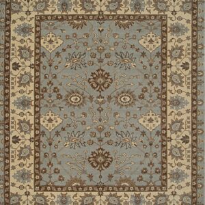 Muted blue floral rug featuring detailed traditional patterns, outlined by broad cream and brown borders.