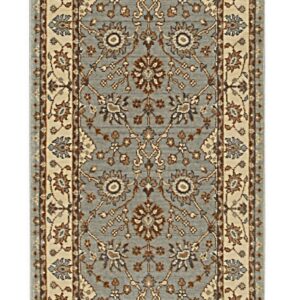 Muted slate blue runner rug with traditional brown, tan, and cream floral designs and coordinating borders.