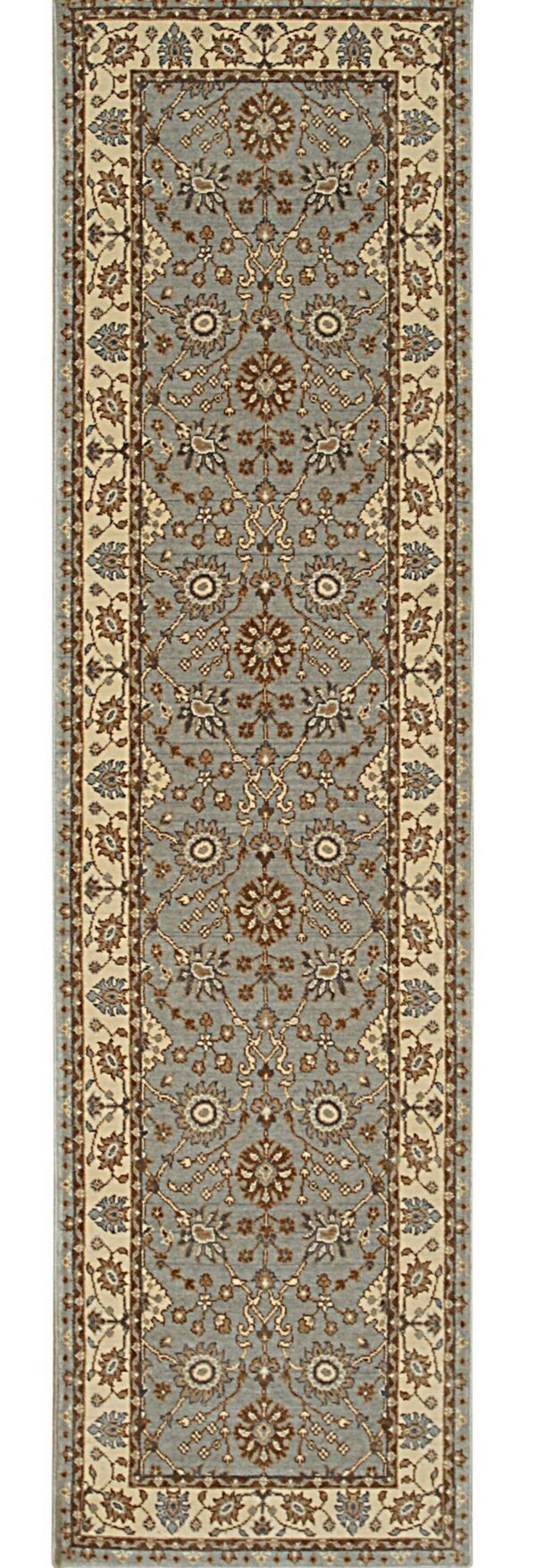 Muted slate blue runner rug with traditional brown, tan, and cream floral designs and coordinating borders.