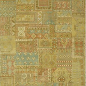 Muted gold, dusty rose, and teal rug designed with a dense geometric patchwork motif.