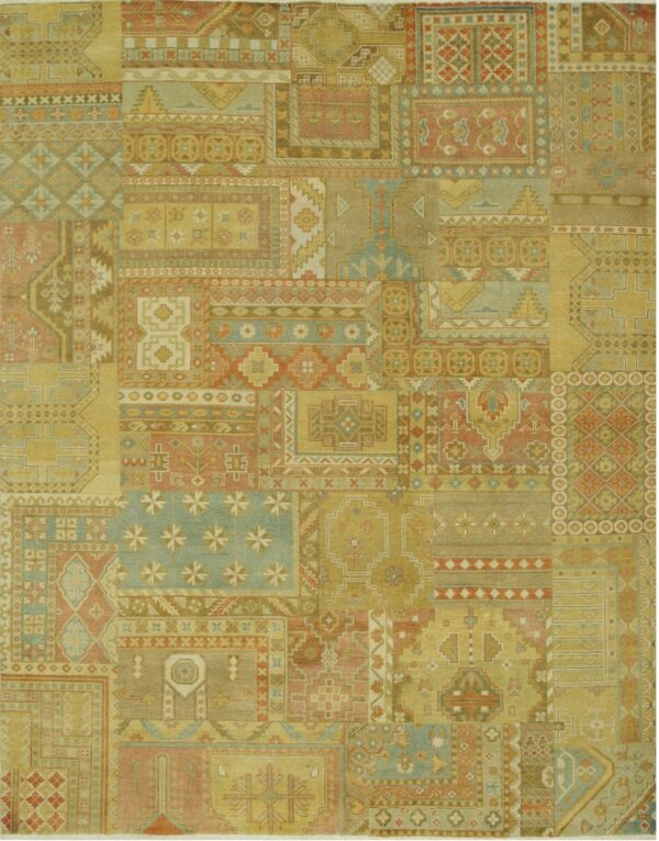 Muted gold, dusty rose, and teal rug designed with a dense geometric patchwork motif.