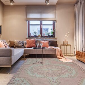 Muted pink rug featuring a large teal traditional medallion pattern anchors a modern gray sectional sofa.