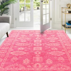 A vibrant pink and light patterned rug spans the white floor in a bright entryway with French doors.