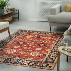A traditional red rug featuring intricate navy and cream patterns sits on light gray wood floors.
