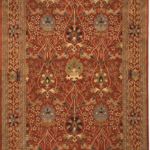 Rust red rug featuring a dense all-over floral pattern and complex border in gold, slate, and olive green.