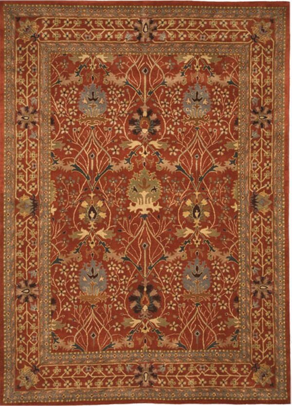 Rust red rug featuring a dense all-over floral pattern and complex border in gold, slate, and olive green.