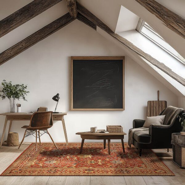 A rich red and yellow patterned rug anchors a rustic loft office featuring wooden desk and exposed beams.