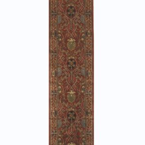 Traditional runner rug displaying dense floral motifs in deep red, olive, and slate blue colors.