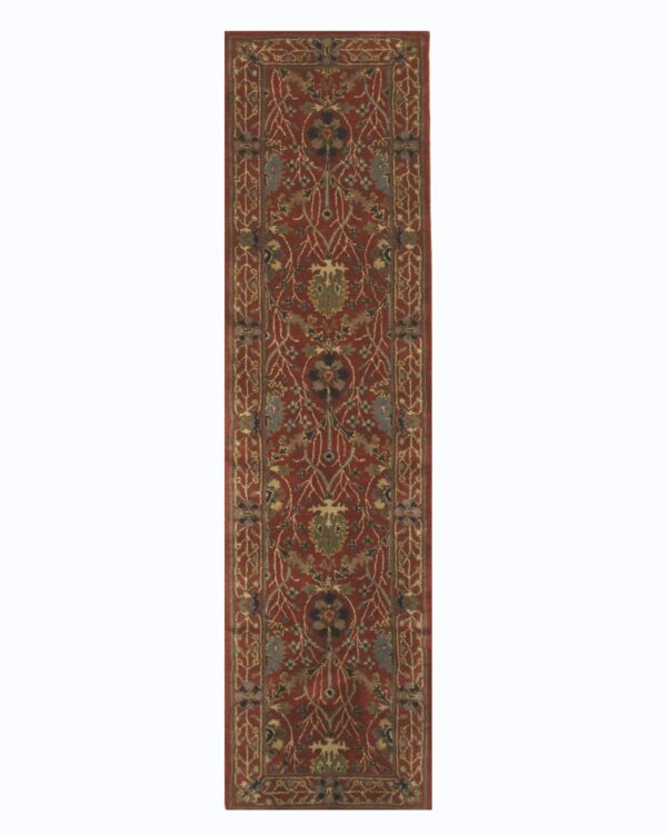 Traditional runner rug displaying dense floral motifs in deep red, olive, and slate blue colors.