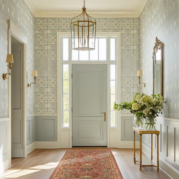 Red traditional runner rug sits on light hardwood flooring in a bright entryway with patterned walls.