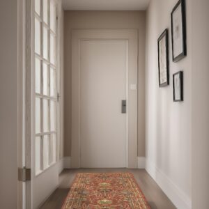 Traditional red, gold, and blue runner rug laid on dark wood flooring in a light-painted hallway.