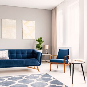 Blue rug with a bold white geometric pattern sits below a navy blue sofa and armchair in a bright room.