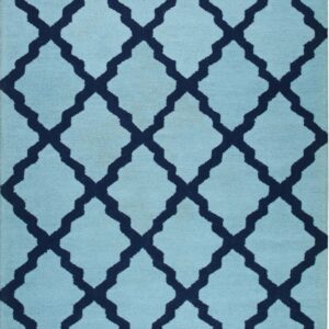 Geometric rug with a navy blue lattice design set against a textured light blue field.