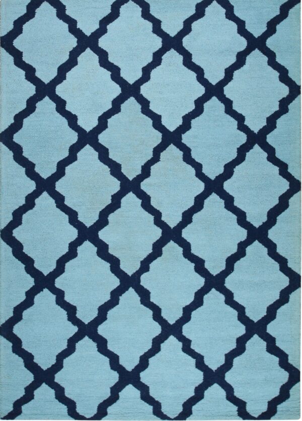 Geometric rug with a navy blue lattice design set against a textured light blue field.
