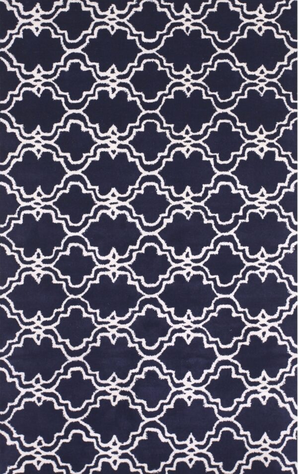 Navy blue rug displaying a repeating white quatrefoil geometric lattice design.