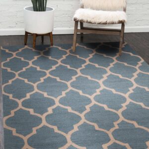 A blue and tan geometric rug on dark wood floors is bordered by a white planter and furry chair.
