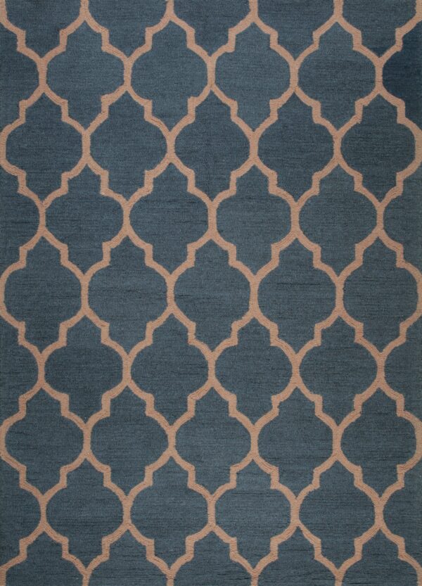 A close-up view of a blue rug featuring a repeating tan geometric trellis pattern.