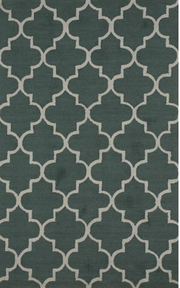Dark teal rug featuring a repeating light gray quatrefoil geometric pattern.