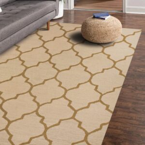 Low-pile beige rug with a golden brown lattice pattern anchors a gray sofa and woven pouf.