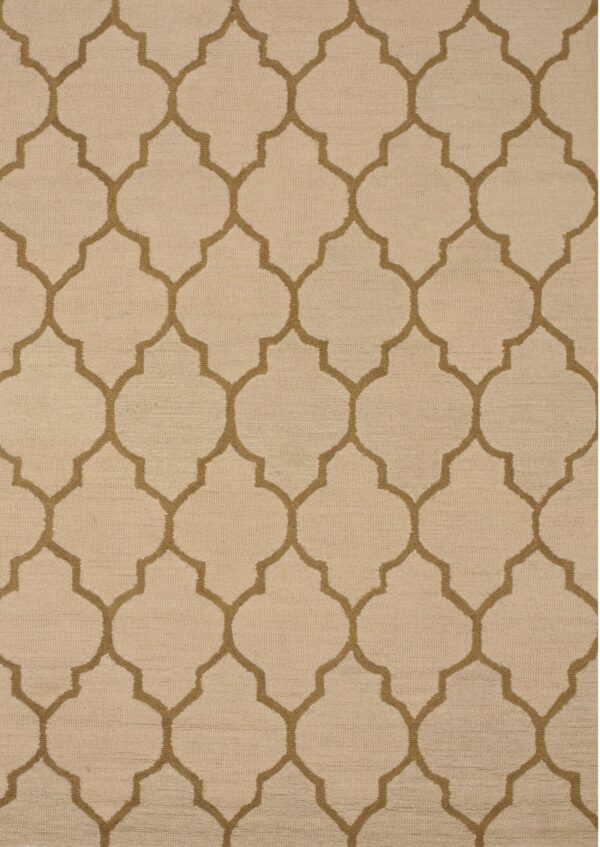 Low-pile beige rug with a repeating gold-tan quatrefoil lattice design.