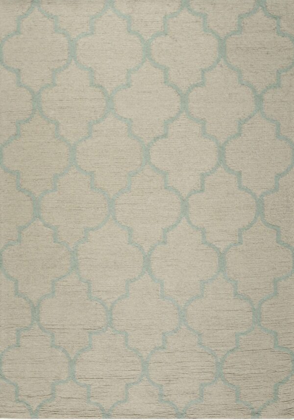 Textured beige rug featuring a repeating light blue geometric quatrefoil pattern.