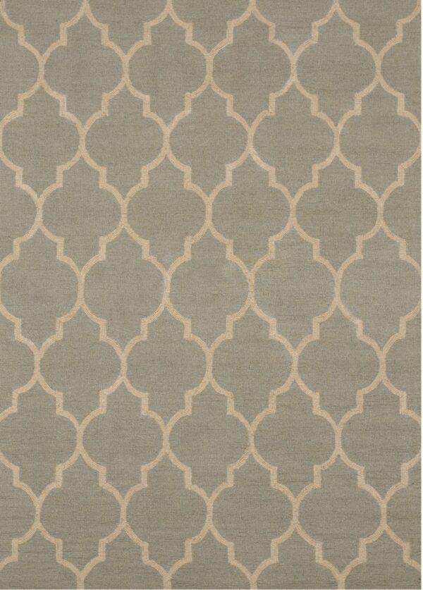 Geometric rug with low pile in muted sage green and repeating beige quatrefoil motif.