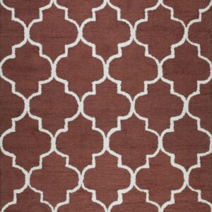 Deep reddish-brown high-pile rug featuring a repeating white Moroccan trellis geometric pattern.