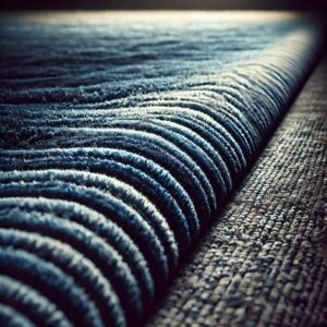 Textured deep blue rug featuring wavy ribbed lines unrolls onto a contrasting gray surface.