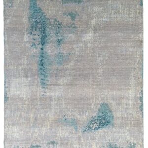 Modern abstract rug featuring distressed patches of teal and aqua on a shimmering gray background.