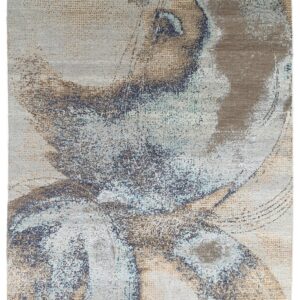 Low-pile rug displaying large abstract brushstrokes of beige, brown, navy, and light blue.