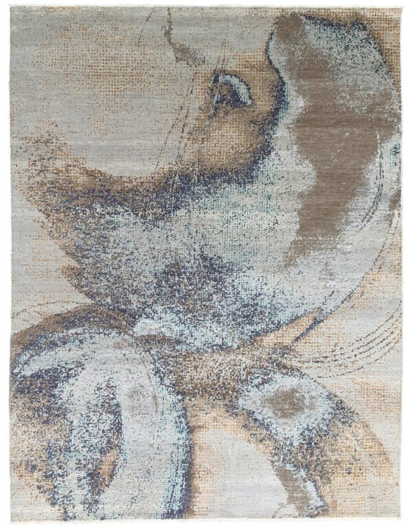 Low-pile rug displaying large abstract brushstrokes of beige, brown, navy, and light blue.