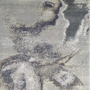 Light gray modern rug with abstract dark gray, charcoal, and speckled pale yellow brushstroke patterns.