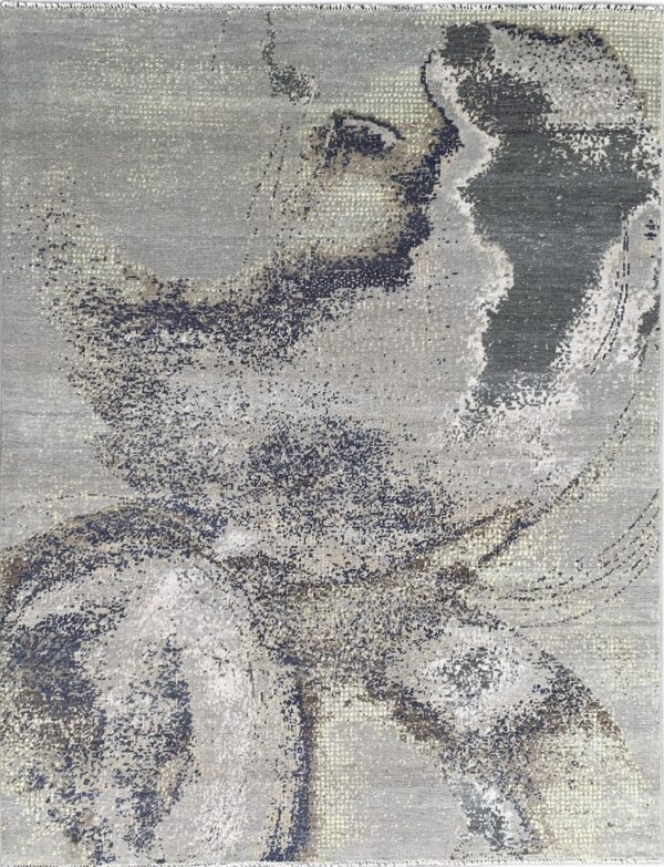 Light gray modern rug with abstract dark gray, charcoal, and speckled pale yellow brushstroke patterns.