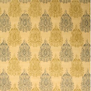 Low pile rug featuring repeating ornate medallions in alternating gold and blue-gray on a yellow field.