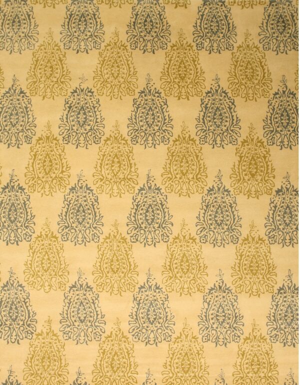 Low pile rug featuring repeating ornate medallions in alternating gold and blue-gray on a yellow field.