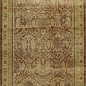 Ornate runner rug with light tan ornamental motifs contrasting against a dark reddish-brown field.